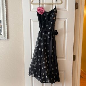 Jessica Howard Black Polka Dot Strapless Dress with Pink Flower Accent